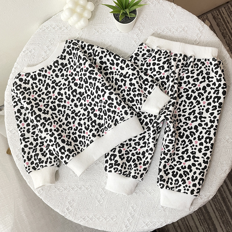 2pcs Baby Boy/Girl Winter Thicken Leopard Print Long Sleeve Sweatshirt with Pants Set-kissminis