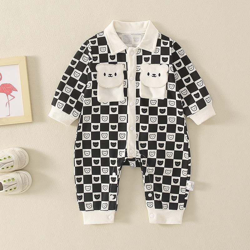 Baby Boy/Girl Gingham White Black Bear Graphic Long Sleeve Romper-kissminis