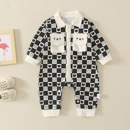 Baby Boy/Girl Gingham White Black Bear Graphic Long Sleeve Romper-kissminis