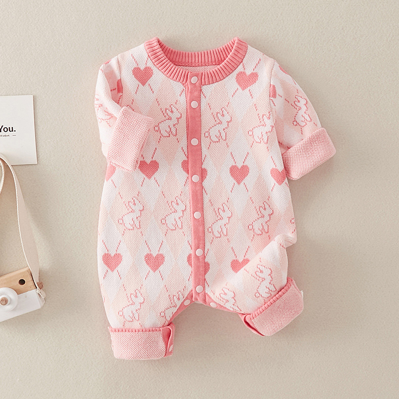 New Born Baby Girl Rabbit & Heart Pattern Button Up Knitted Romper