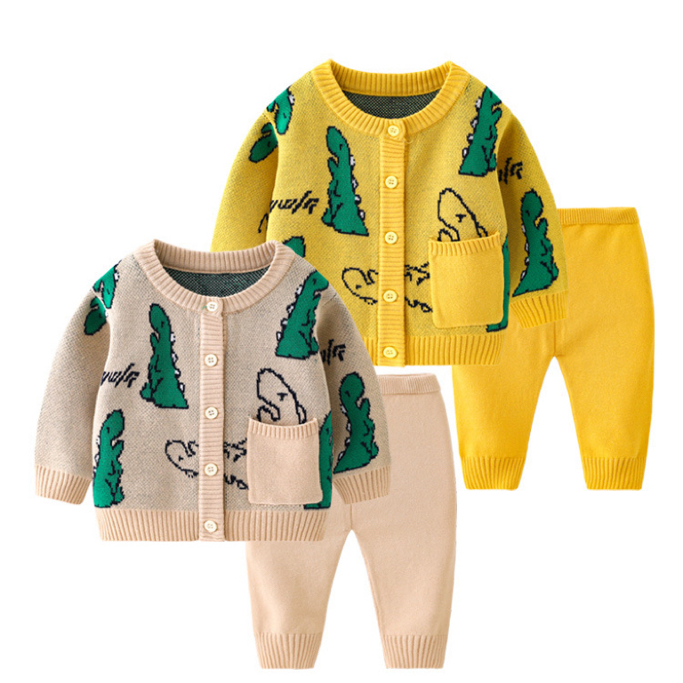 Baby Boy/Girl Ribbed Knit Dinosaur Cardigan Sweatshirt with Pants Set-kissminis