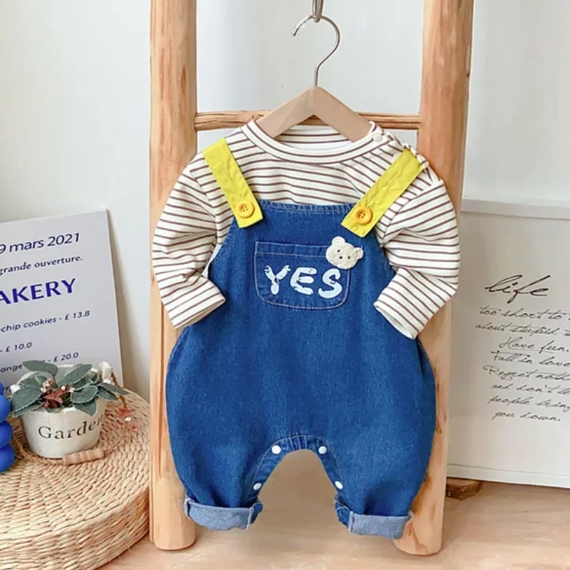 Baby Boy Bear Patch Denim Sling Overalls and Striped T-Shirt Set-kissminis