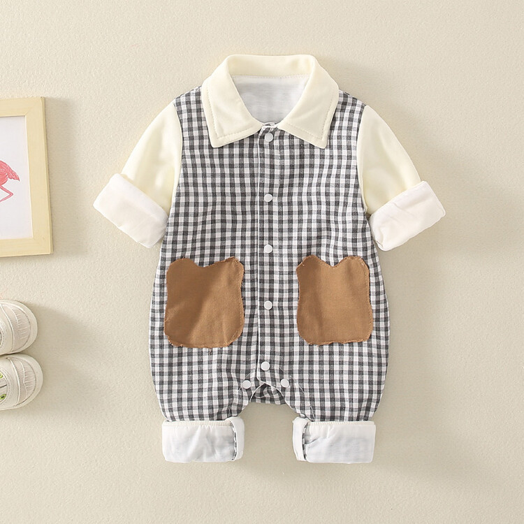 Baby Mock Two-pieces Plaid Collar Single Breasted Long Sleeve Romper-kissminis
