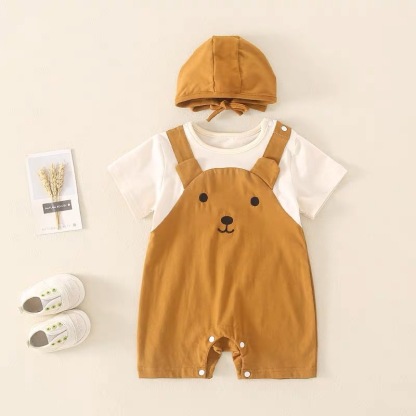 2pcs Soft Comfortable Baby Boy Mock Two-Piece Overalls & Hat Romper Set