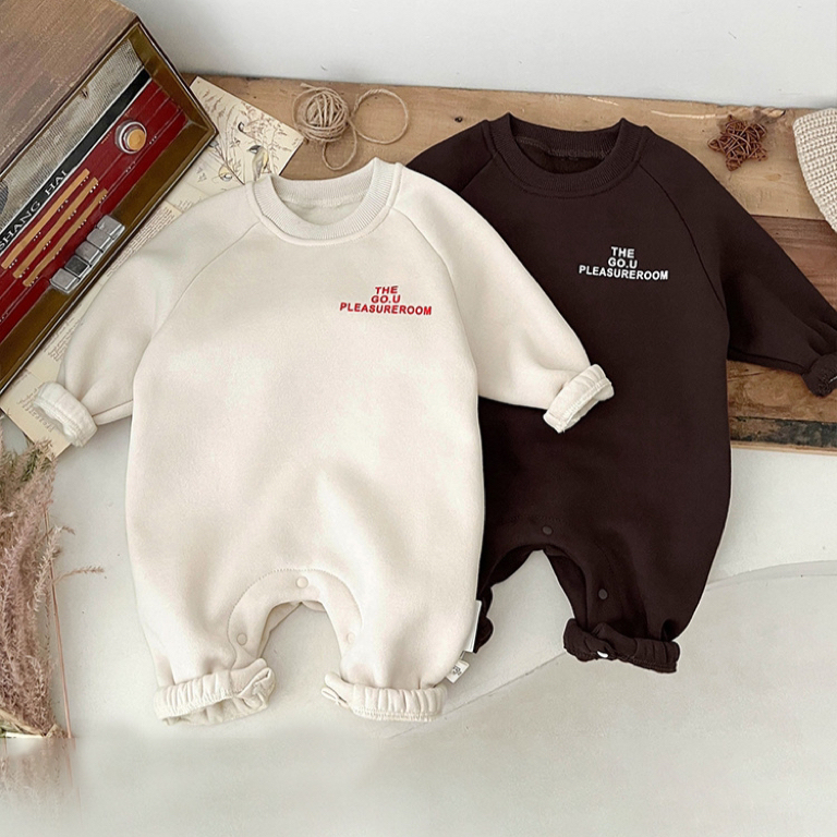 Winter Baby Boy/Girl Letter Print Solid Color Thicken Long Sleeve Romper-kissminis