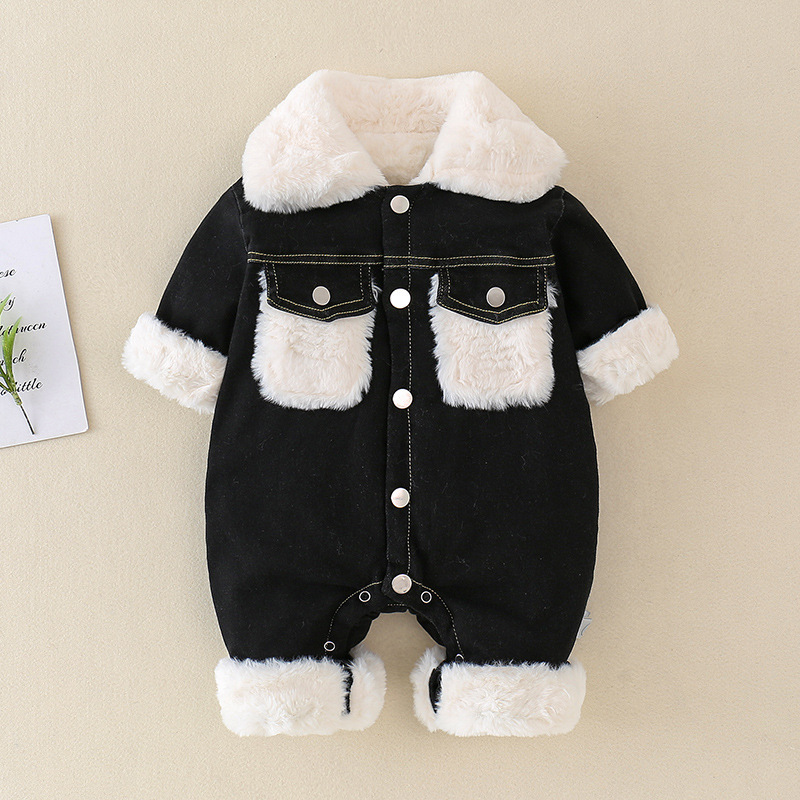 Baby Boy Winter Denim Single Breasted Long Sleeve Fluff Romper-kissminis