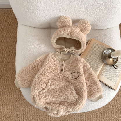 2pcs Winter Baby Boy/Girl Cute Bear Design Fluff Long Sleeve Romper with Hat Set-kissminis