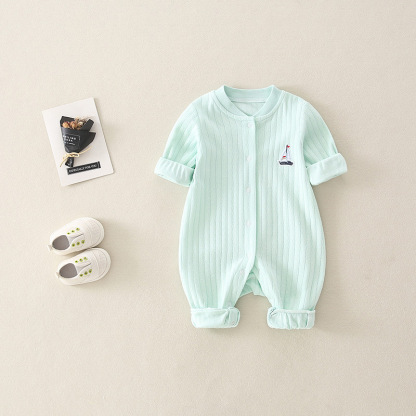 Newborn Baby Boy/Girl Ribbed Sailboat Patch Solid Color Botton Up Long Sleeve Romper