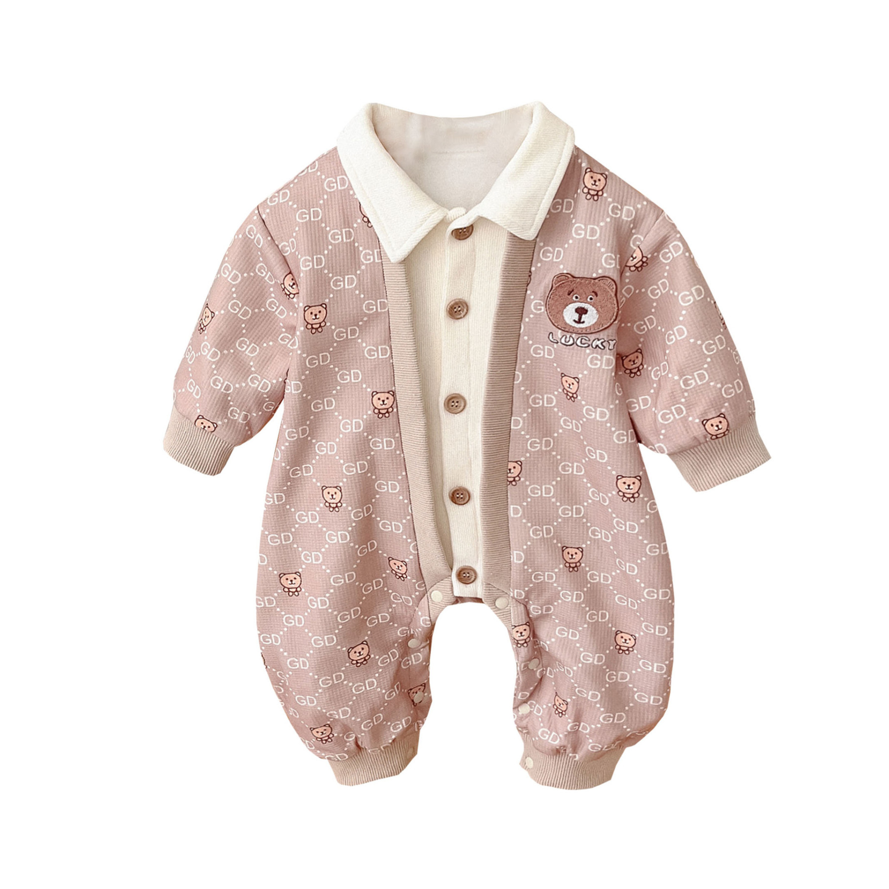 White Collar Bear Pattern, Button Front Design Romper