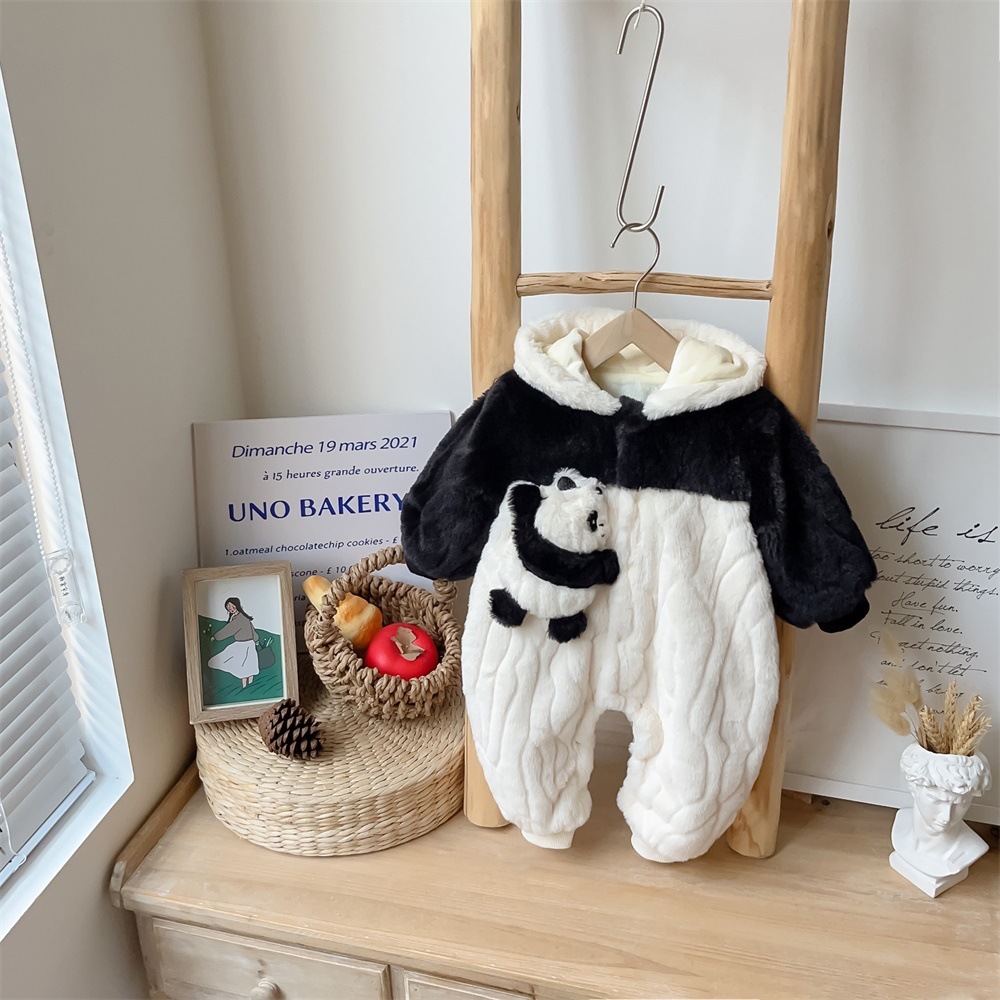 Baby Boy/Girl Cute Panda Design Fluff Long Sleeve Hooded Romper-kissminis