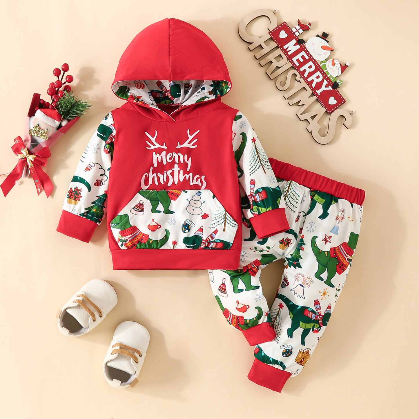 2pcs Baby Boy/Girl Christmas Elk Pine Snowman Print Long Sleeve Hooded Tops and Pants Set-kissminis