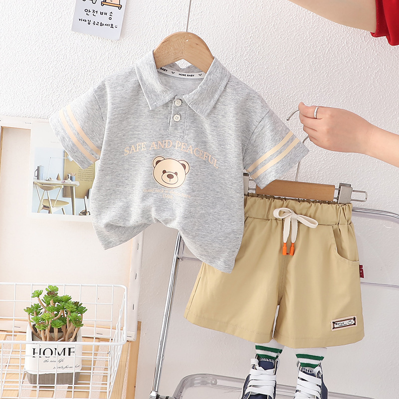 Toddler Boy Cute Bear Pattern Solid Color Two-Piece Set-kissminis
