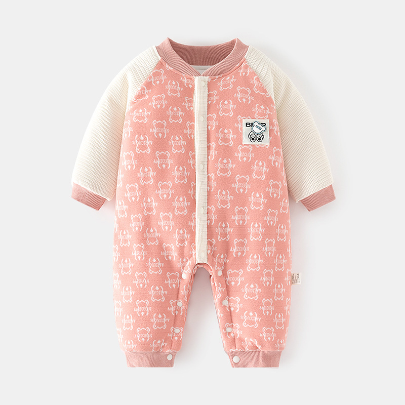 Baby Boy/Girl Bear Patch Long Sleeve Raglan Fluff Romper-kissminis