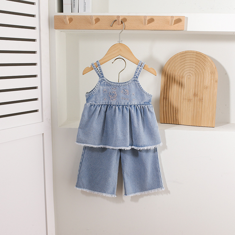 Denim Spaghetti - strap Ruffled Top Embroidery and Denim Culottes Set