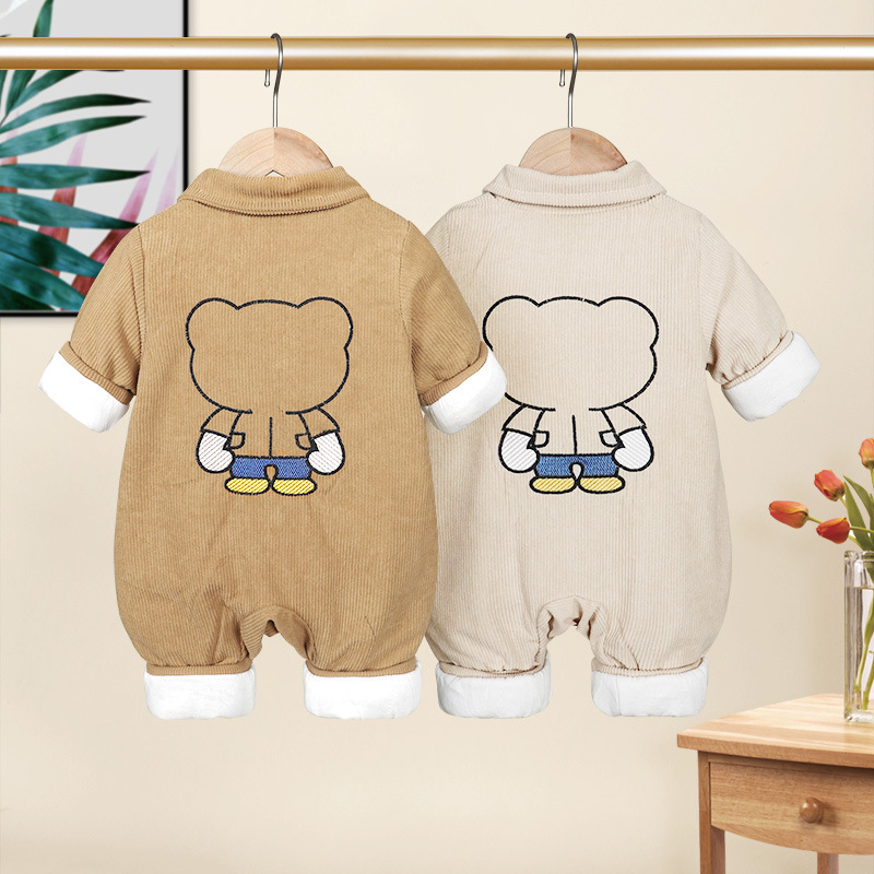 Baby Bear Pattern Solid Color Corduroy Romper-kissminis