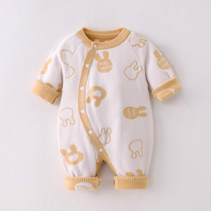 BabyGirl Allover Cute Rabbit Long Sleeve Ribbed Knit Romper-kissminis