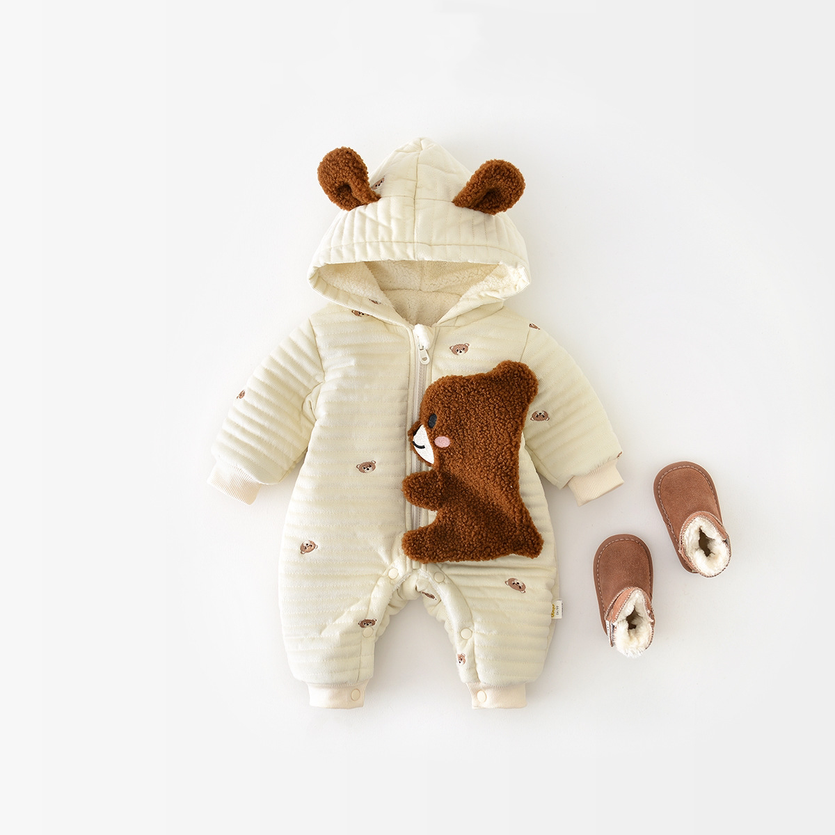 Baby Boy Winter Thicken Bear Graphic Long Sleeve Romper-kissminis
