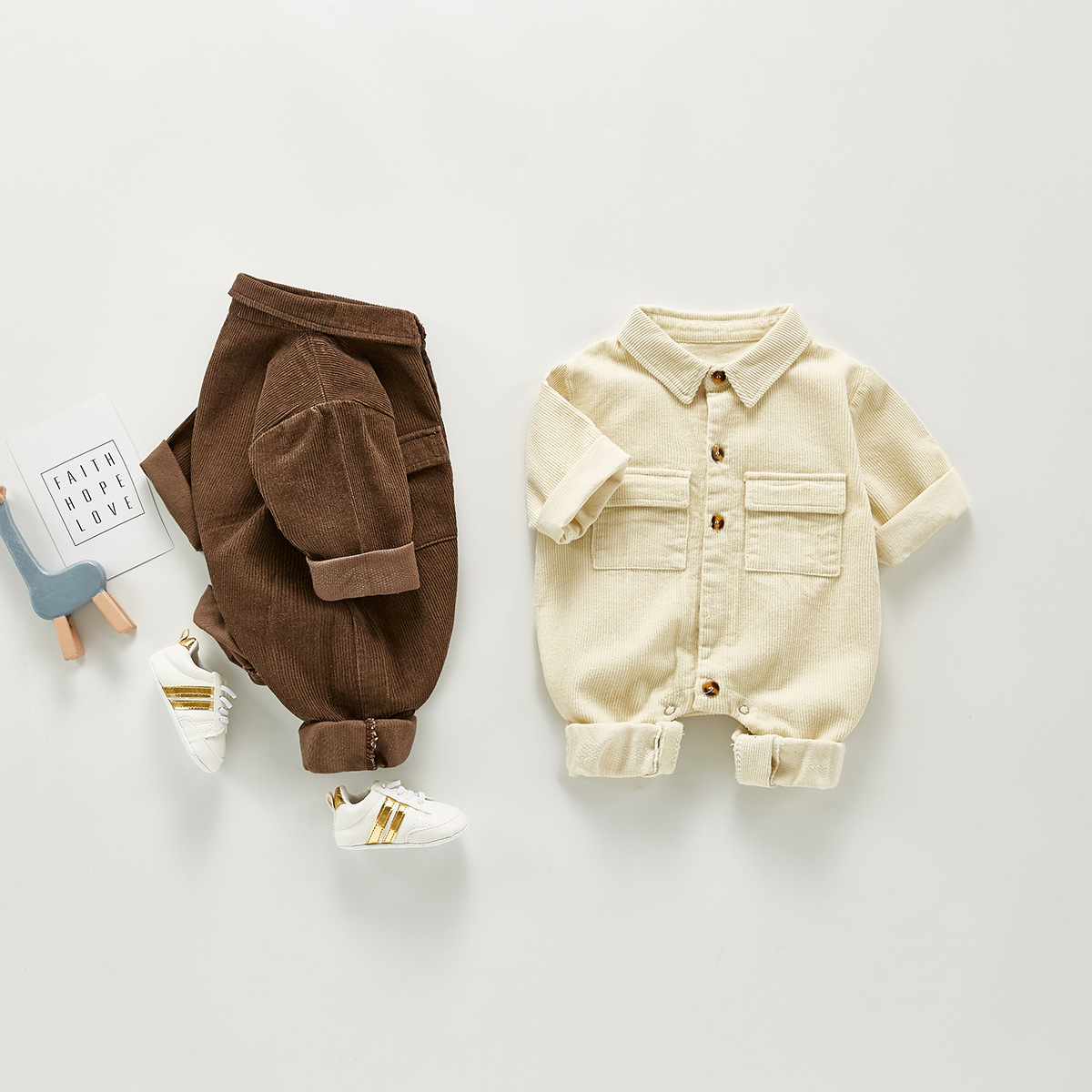 Baby Boy Solid Color Single Breasted Long Sleeve Romper-kissminis