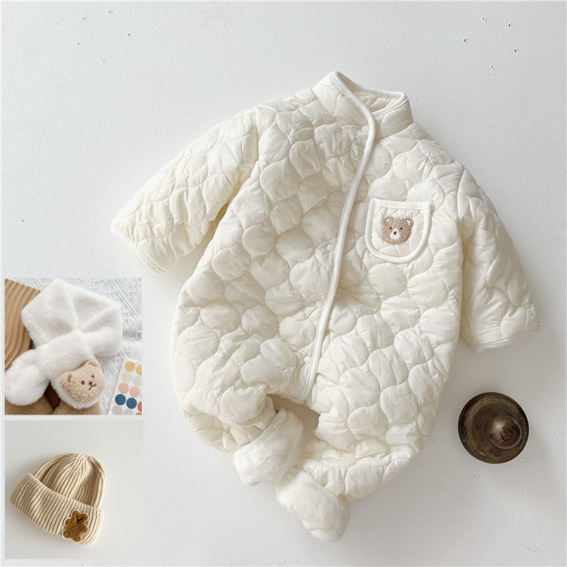 3pcs Baby Boy/Girl Cute Bear Pattern Pocket Solid Color Fluff Long Sleeve Romper with 1 Hat and 1 Scarf-kissminis