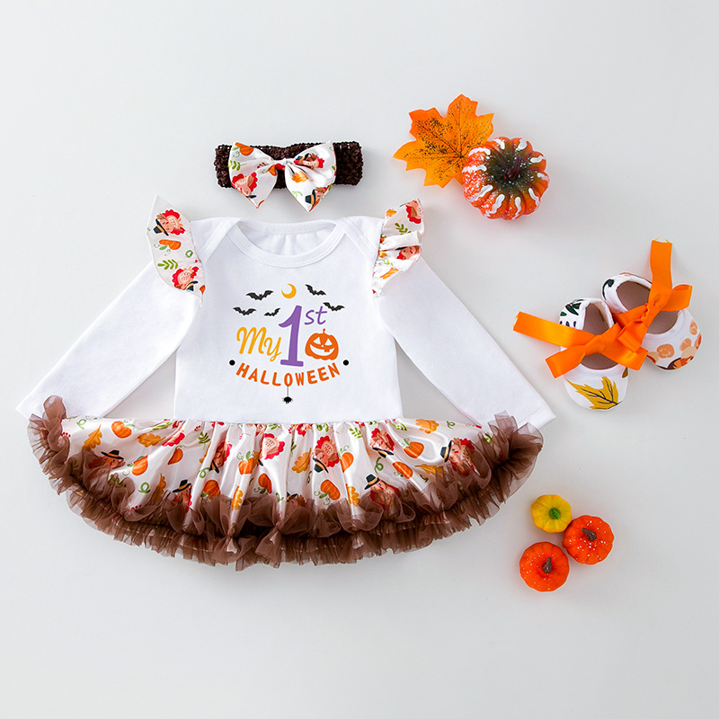 3pcs Newborn Baby Girl Hallowen Wacky Pumpkin Cartoon Print Long Sleeve Dress Set-kissminis