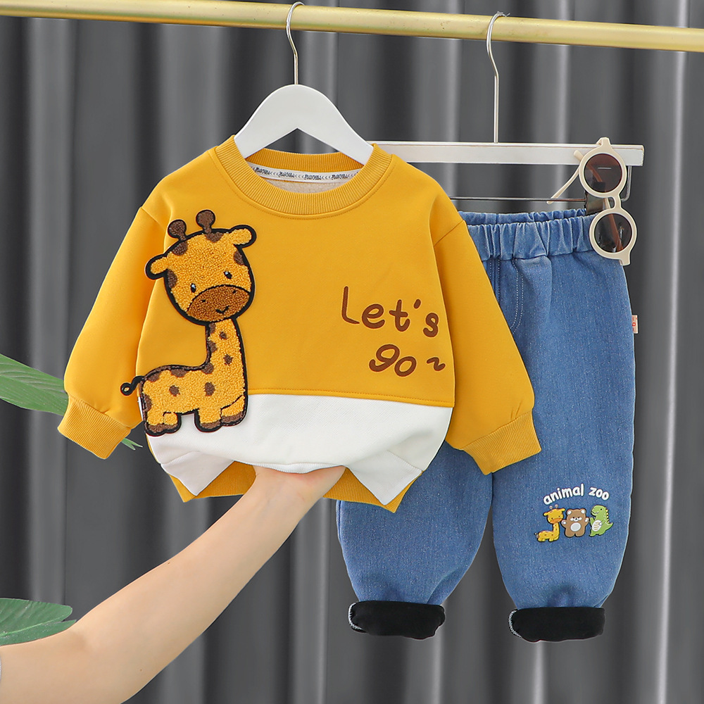 Toddler Boy/Girl Cute Dinosaur/Bear/Giraffe Pattern Solid Color Two-Piece Set-kissminis
