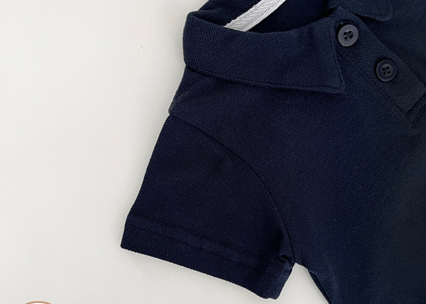 Baby Boy Solid Color Standing Collar Short Sleeve Romper/Bodysuit