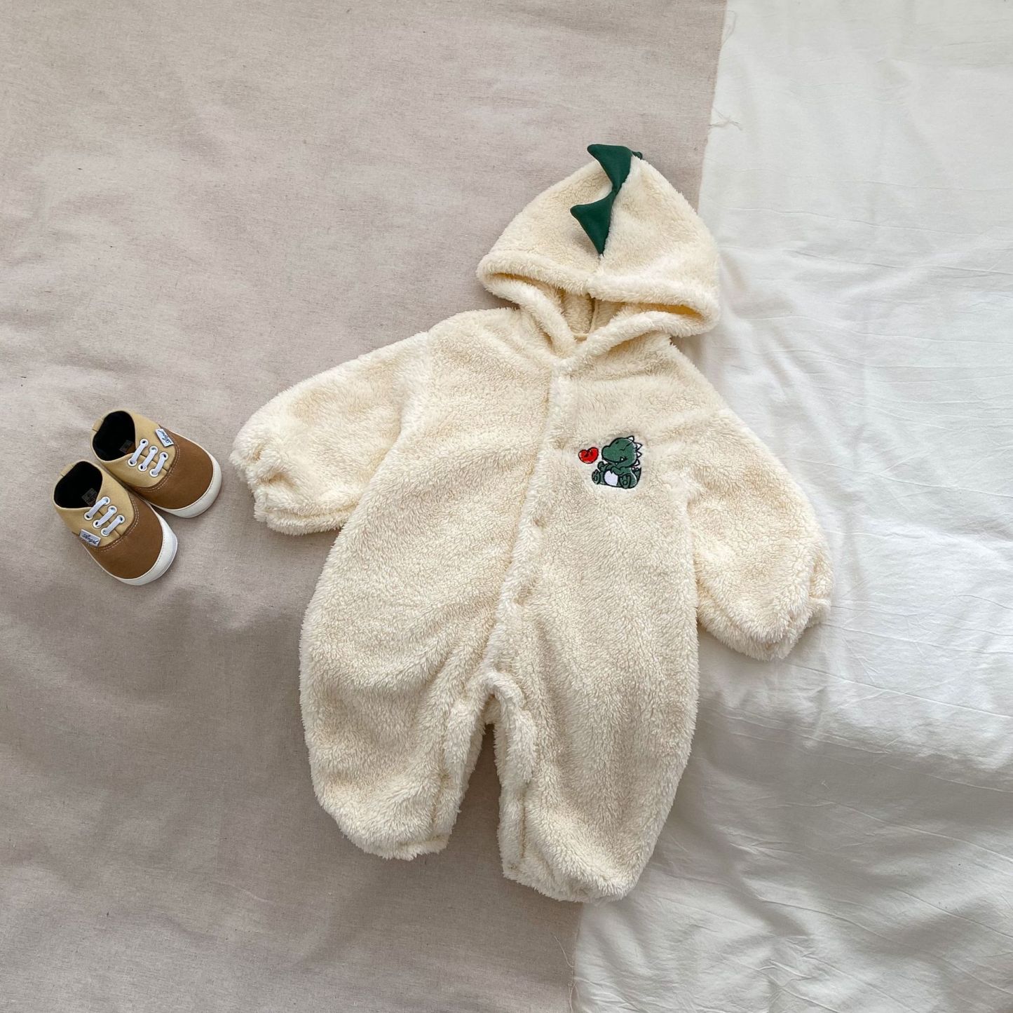Baby Winter Fleece Dinosaurs Bear Pattern Hooded Romper-kissminis