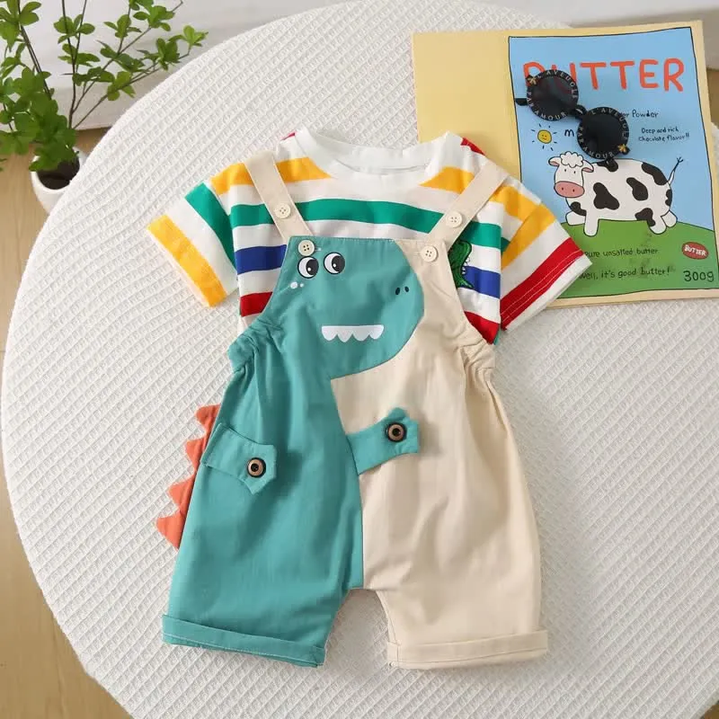 2pcs Baby Multicolor Striped Dinosaur Set