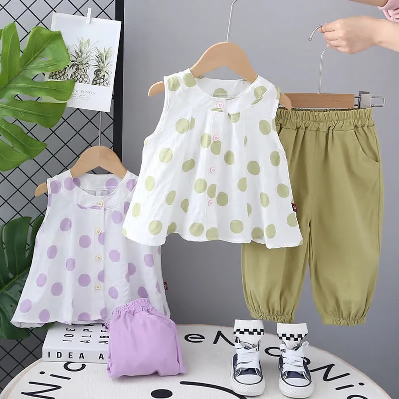 2pcs Baby Girl Dots Sleeveless Set