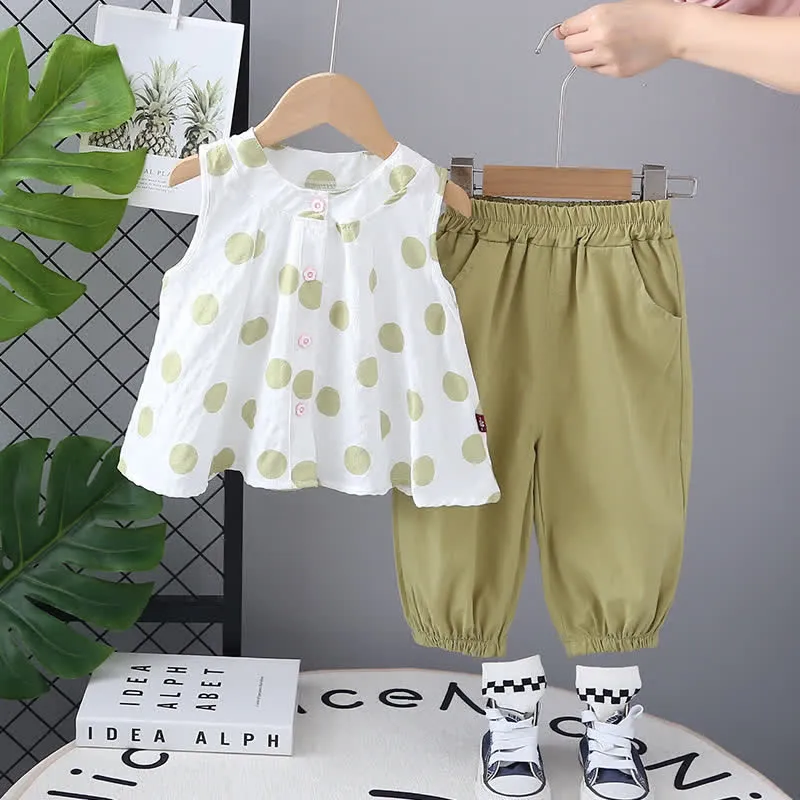 2pcs Baby Girl Dots Sleeveless Set