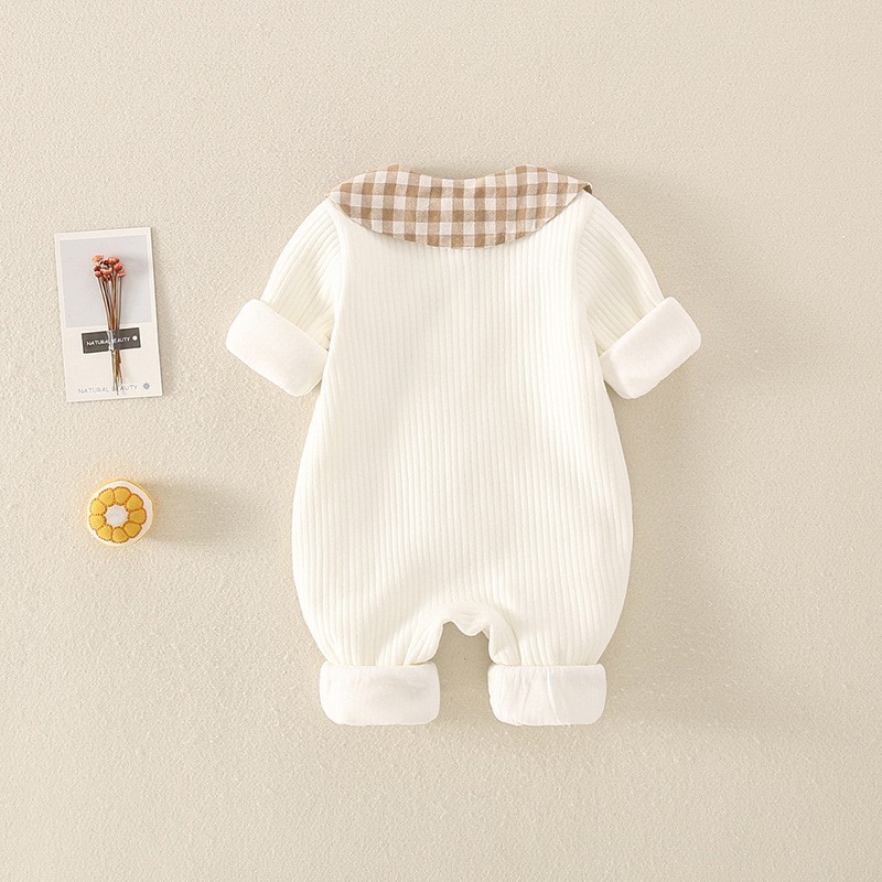 Baby Boy/Girl Embrioderied Bear Gingham Bowknot and Pocket Solid Color Long Sleeve Romper