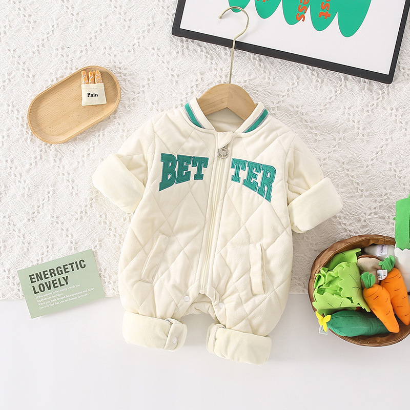 Baby Boy/Girl Letter Embroidery Long Sleeve Fluff Zipper Romper-kissminis