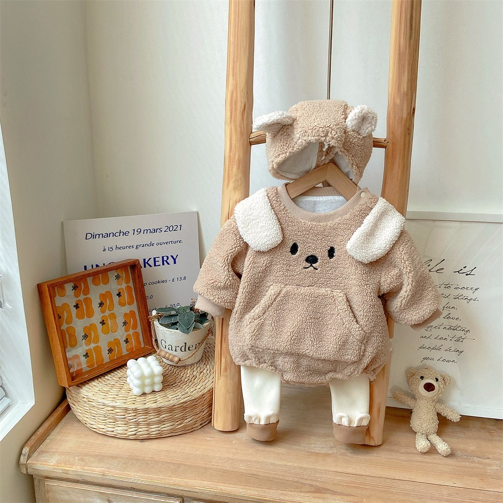Baby Boy/Girl Winter Thicken Fluff Cute Bear Design Long Sleeve Bodysuit and Hat and Pants Set-kissminis