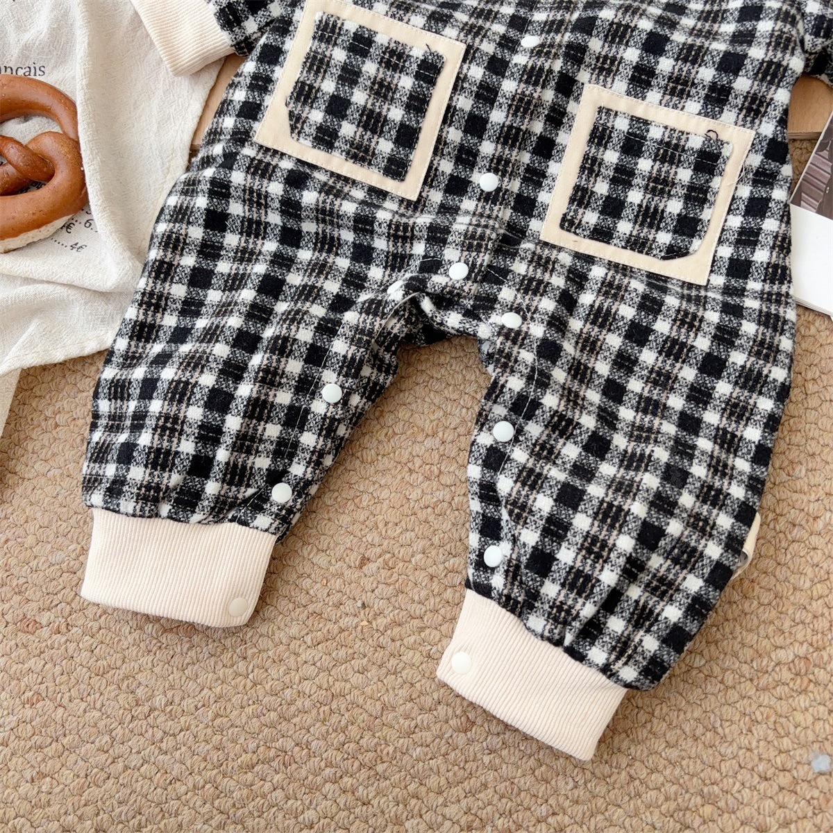 Bear-shaped Collar Decorations Gingham Romper