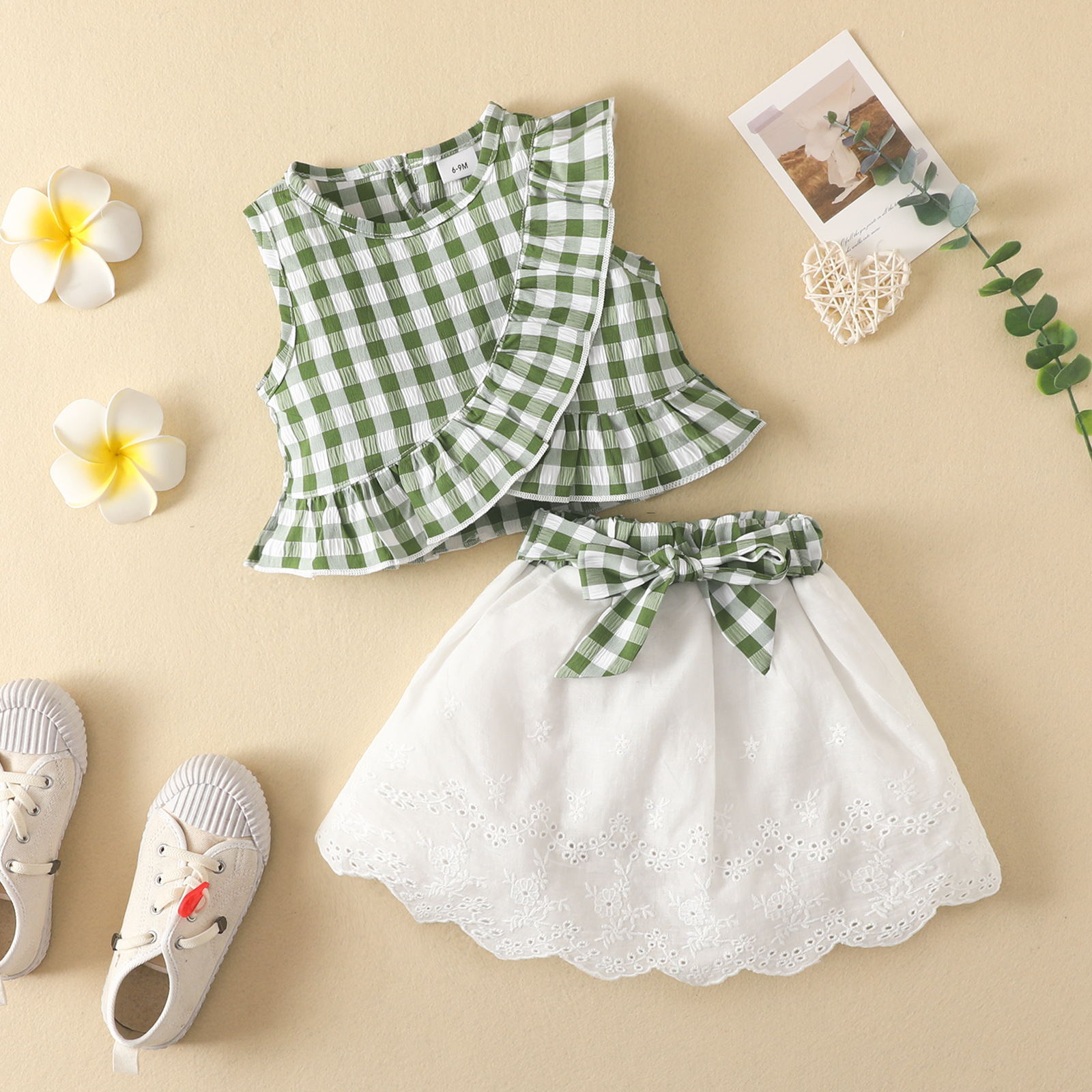 Baby Girl Plaid Ruffle Top Bowknot Mini Skirt Set