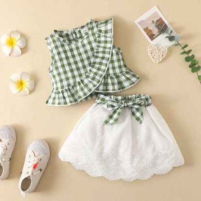 Baby Girl Plaid Ruffle Top Bowknot Mini Skirt Set