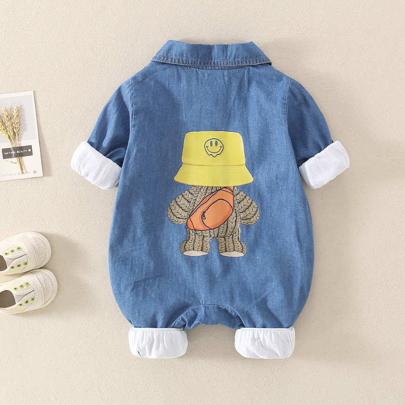 Baby Cartoon Graphic Denim Polo Collar Romper-kissminis