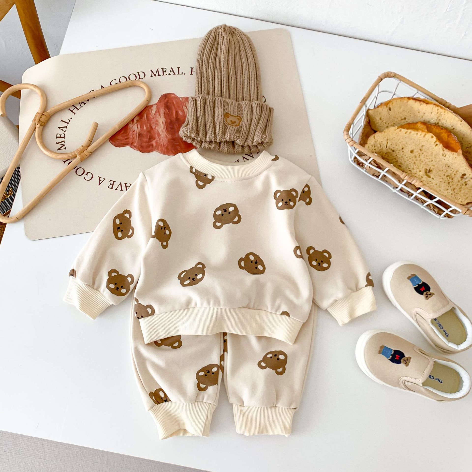 2pcs Baby Boy/Girl Crew Neck Bear Long Sleeve Sweatshirt with Pants Set-kissminis