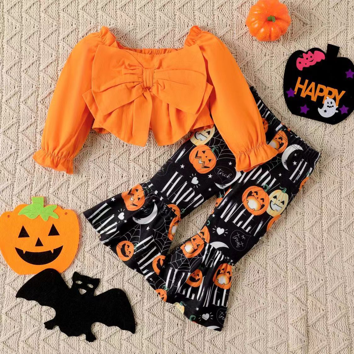 2pcs Baby Girl Hallowen Pumpkin Print Bowknot Long Sleeve Tops and Bell Bottoms Set-kissminis