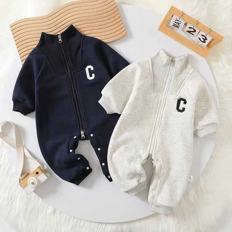 Baby Boy/Girl Solid Color Stand Collar "C" Print Long Sleeve Romper-kissminis