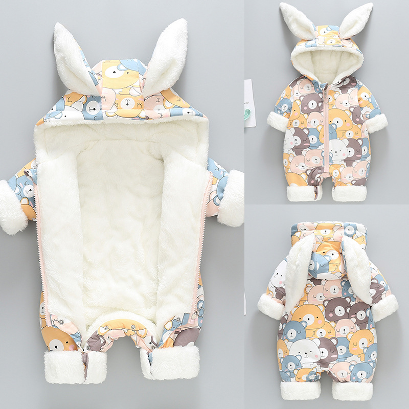 Baby Boy/Girl Winter Cartoon Allover Thicken Fuzzy Hooded Long Sleeve Romper-kissminis