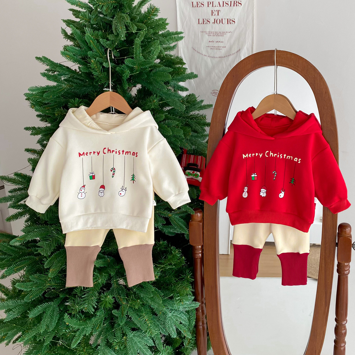 Baby Boy/Girl Christmas Cartoon Hooded Thincken Long Sleeve Sweatshirt with Pants-kissminis