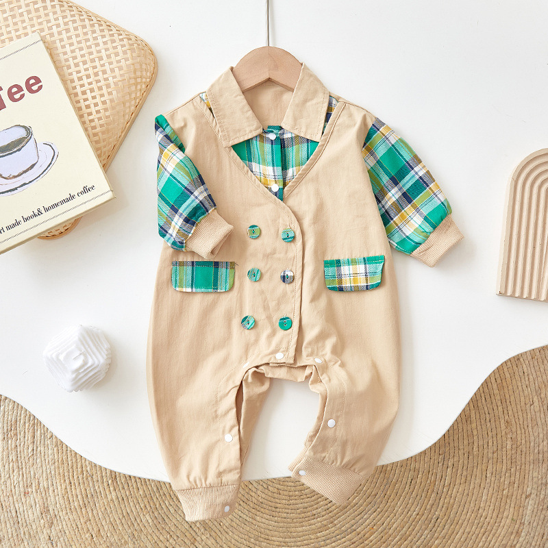 Baby Boy/Girl Plaid Design Single-breasted Long Sleeve Romper-kissminis