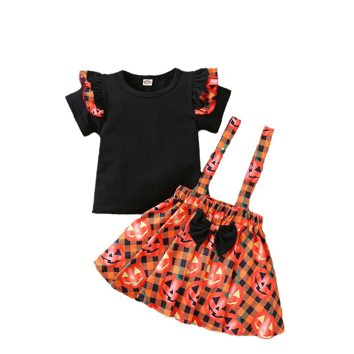 3pcs Newborn Baby Girl Halloween Christmas Plaid Graphic Bowknot Short Sleeve Top with Pleated skirt and Hairband Set-kissminis