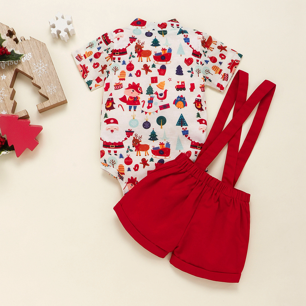 2pcs Baby Boy Christmas Cartoon Print Bow Tie Short Sleeve Romper with Bib Pants Set-kissminis