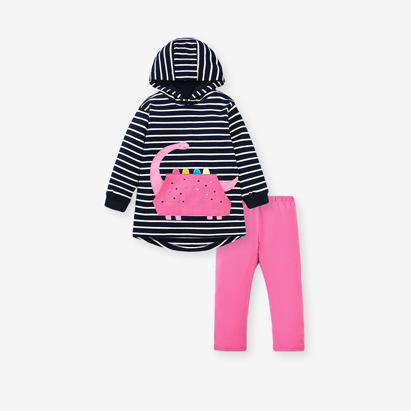2pcs Baby Toddler Girl Dinosaur Pattern Striped Long Sleeve Sweatshirt and Pants Set-kissminis