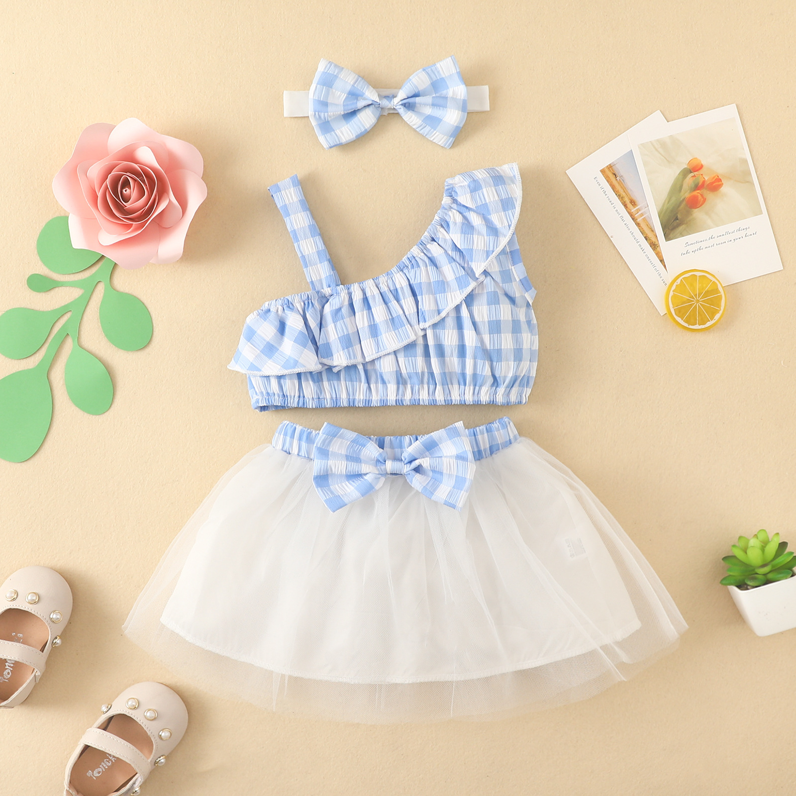  Baby Ruffle sleveless Top & Bow Mesh Flare Skirt Set