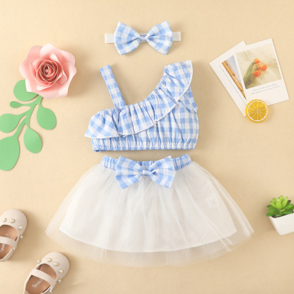  Baby Ruffle sleveless Top & Bow Mesh Flare Skirt Set