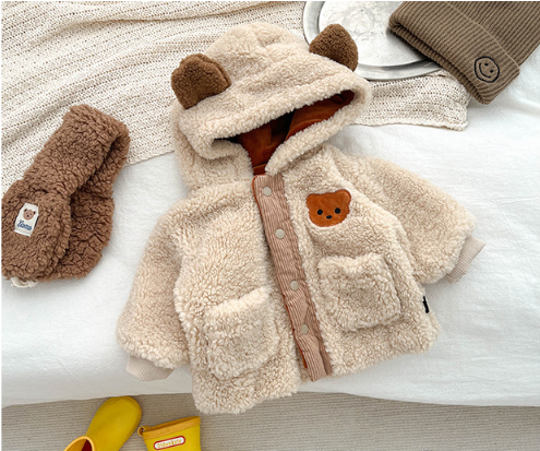 Baby Toddler Boy/Girl Cute Bear Design Solid Color Fluff Long Sleeve Hooded Sweatshirt-kissminis