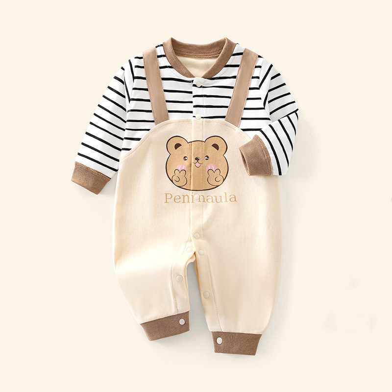 Baby Boy Cute Bear Pattern Fake Two Pieces Striped Long Sleeve Romper-kissminis